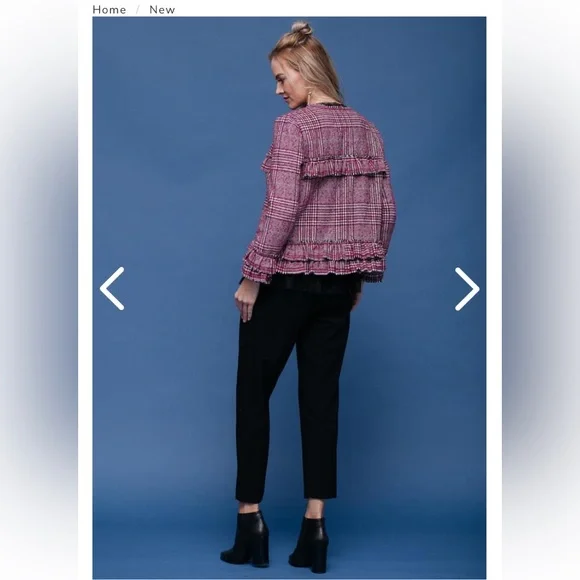 Plaid Ruffle Trim Blazer Jacket Pink Black and White Plaid Size M (Pleione) - Picture 4 of 16